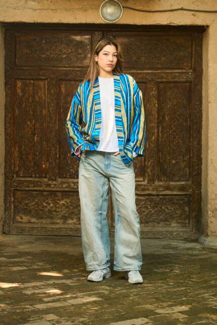 Blue Stripped Jacquard Silk Jacket