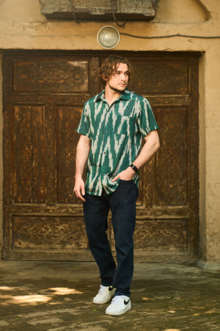 100% Handmade  Silk Green Shirt - Ethnic Design - Short Sleeve