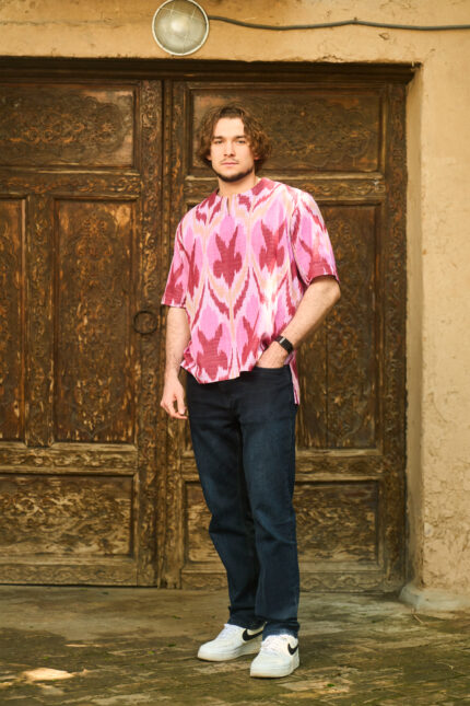 100% Handmade  Cotton Pink T-Shirt - Ethnic Design - Short Sleeve