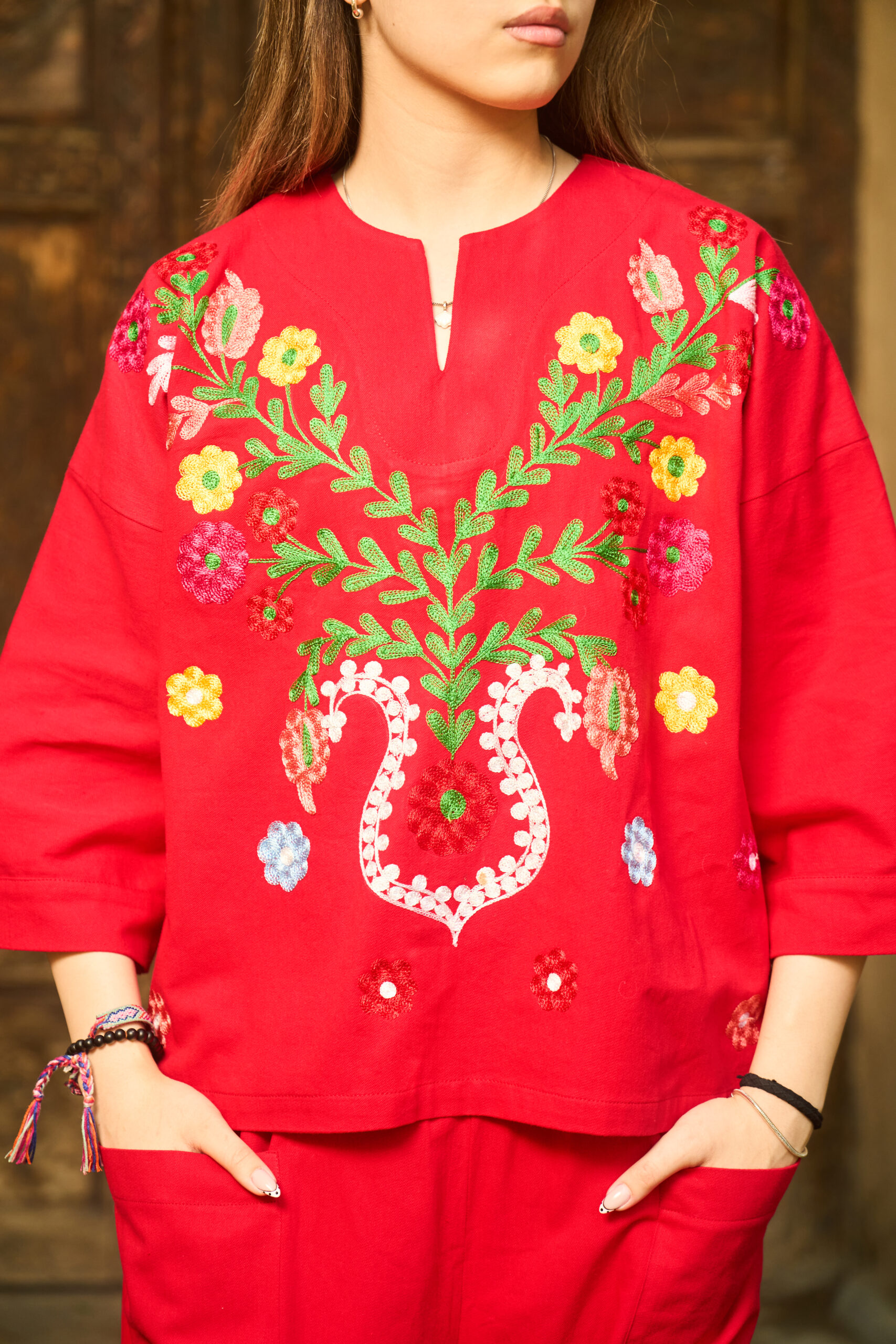 Embroidered Cotton Red Shirt - Ethnic Design - Short Sleeve