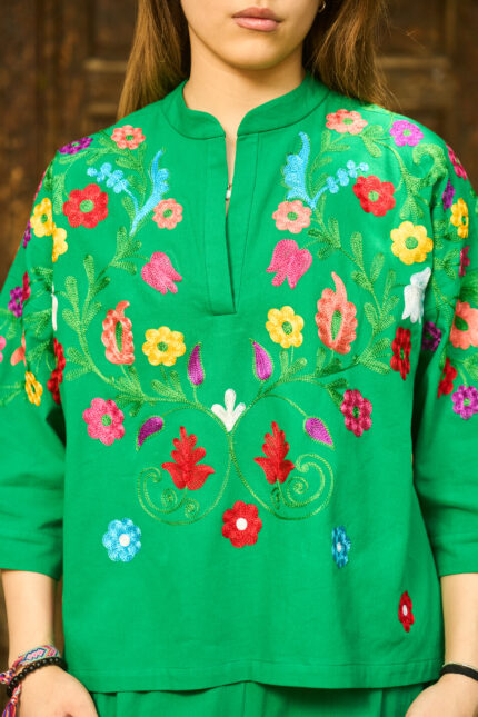Embroidered Green Cotton Shirt - Ethnic Design - Short Sleeve
